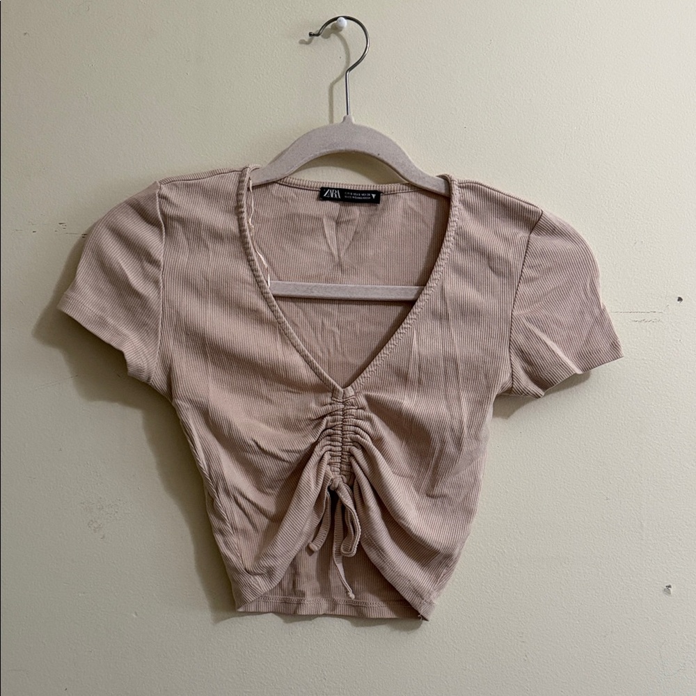 Zara Blush Ruched V-Neck Cropped Tee